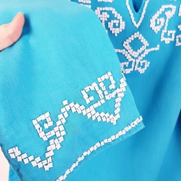 CHICO'S Turquoise Linen Cotton V-Neck White Beaded Tunic Top Size‎ 1 - Picture 4 of 6